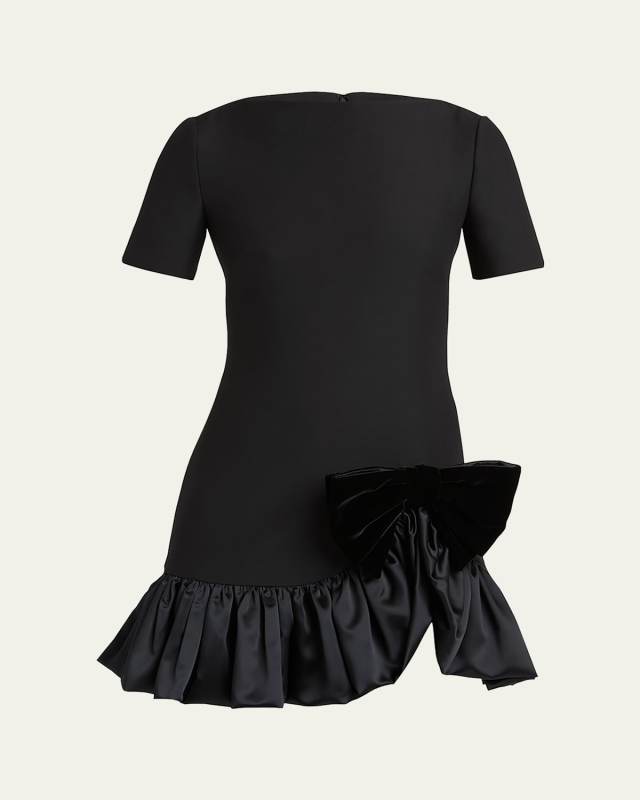 Velvet Bow Ruffle Short-Sleeve Mini Dress
